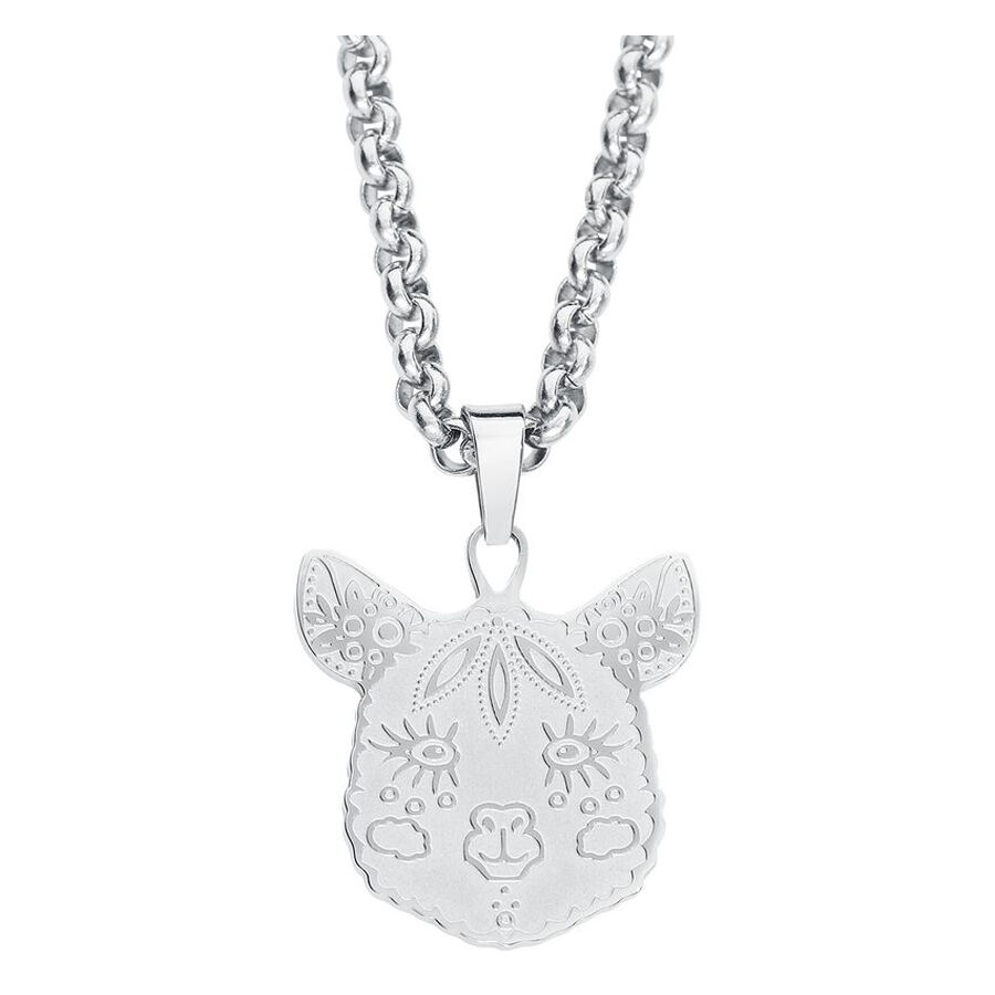 Collier en argent avec alpaga en acier chirurgical Collier argenté avec pendentif alpaga en acier chirurgical sur fond blanc