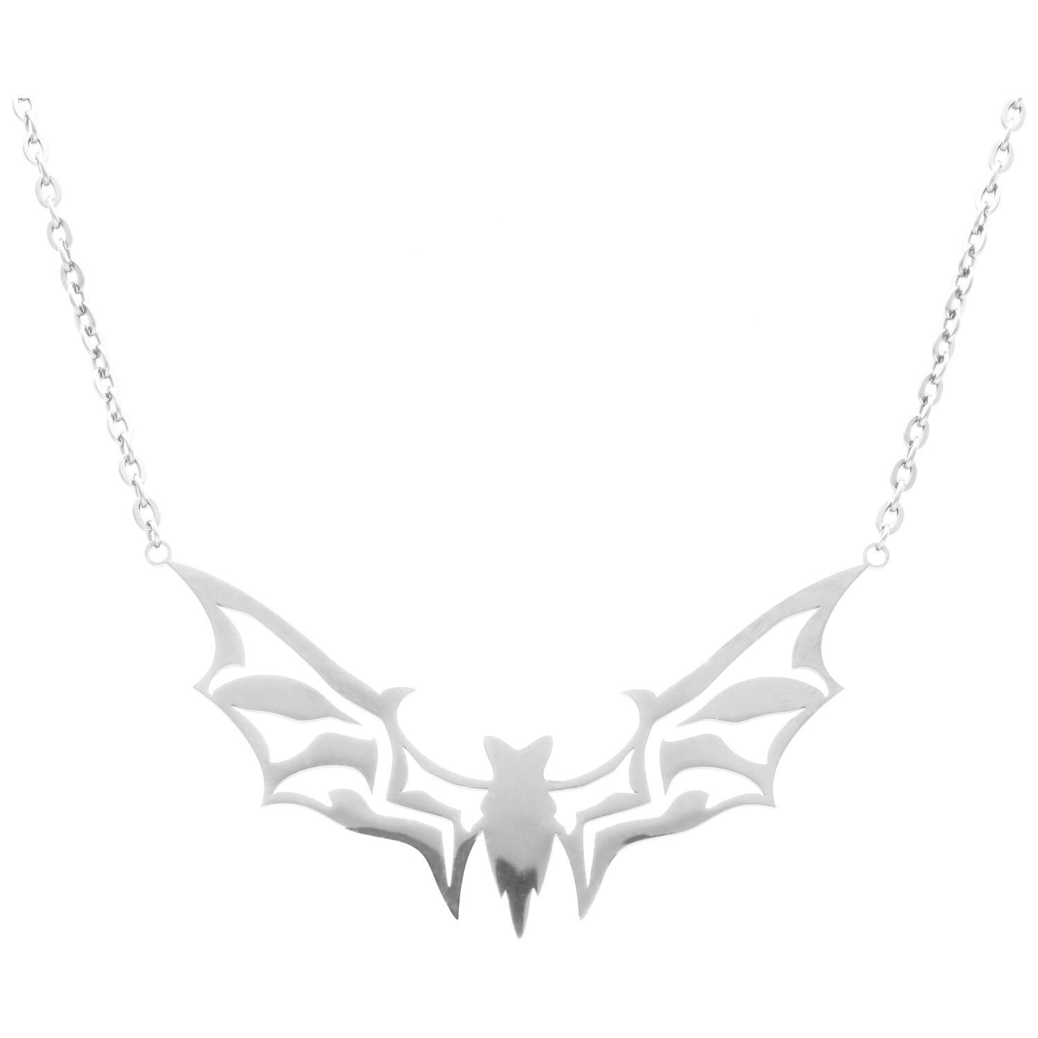 Chaîne Big Bat argentée en acier chirurgical Chaîne argentée avec pendentif chauve-souris en acier chirurgical sur fond blanc
