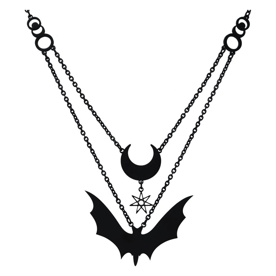 Crescent Lovers Collier en Noir et Or Collier noir avec pendentif demi-lune et chauve-souris sur fond blanc