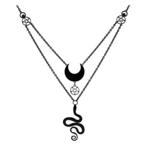 Chaîne noire à deux rangs en acier chirurgical avec pendentifs lune et serpent sur fond blanc