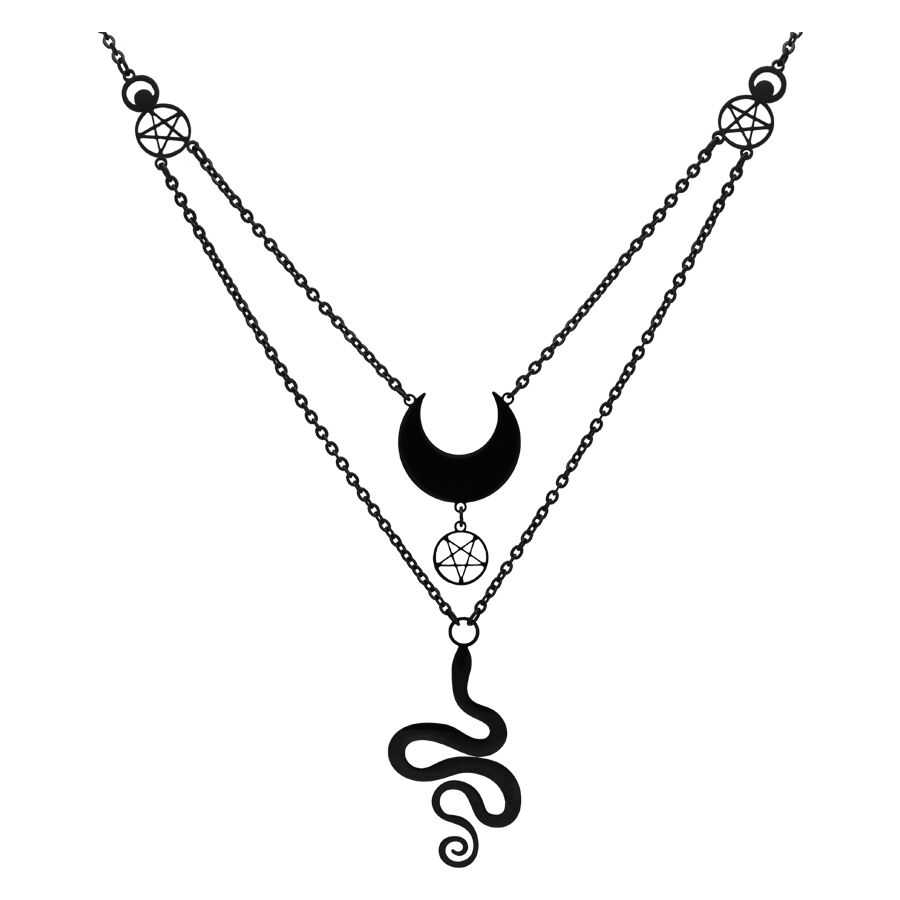 Chaîne noire avec pendentifs en acier chirurgical Chaîne noire à deux rangs en acier chirurgical avec pendentifs lune et serpent sur fond blanc