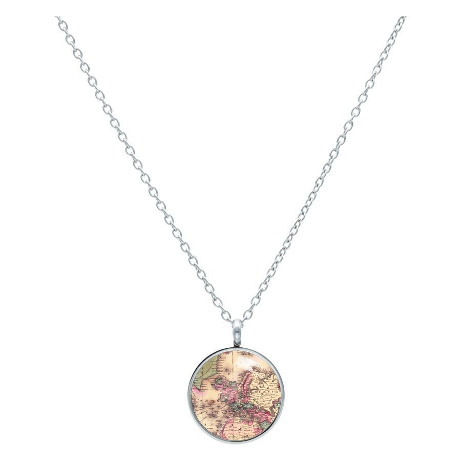 Collier Map en acier chirurgical argenté Collier argenté avec pendentif rond et motif de carte sur fond blanc