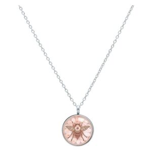 Collier unisexe avec pendentif abeille en or rose sur fond blanc