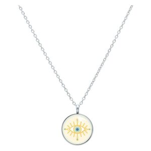 Collier avec pendentif rond, œil doré, chaîne argentée, fond blanc
