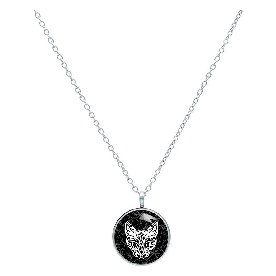 El Gato chaîne en acier chirurgical Chaîne argentée avec pendentif rond, motif de chat noir sur fond blanc