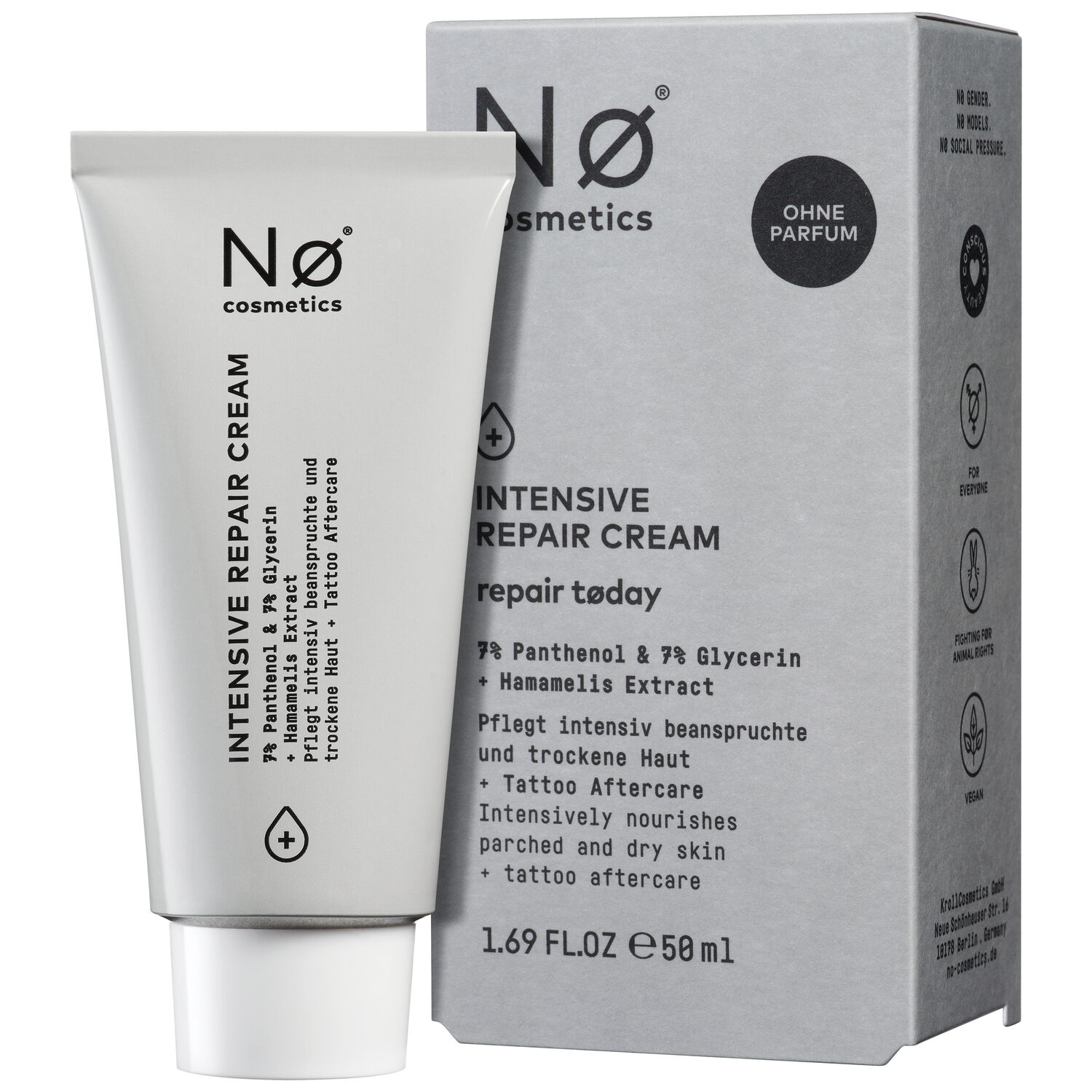 No Cosmetics Crème Réparatrice Intensive 50ml Tube gris de la Crème Réparatrice Intensive No Cosmetics à côté de l'emballage gris