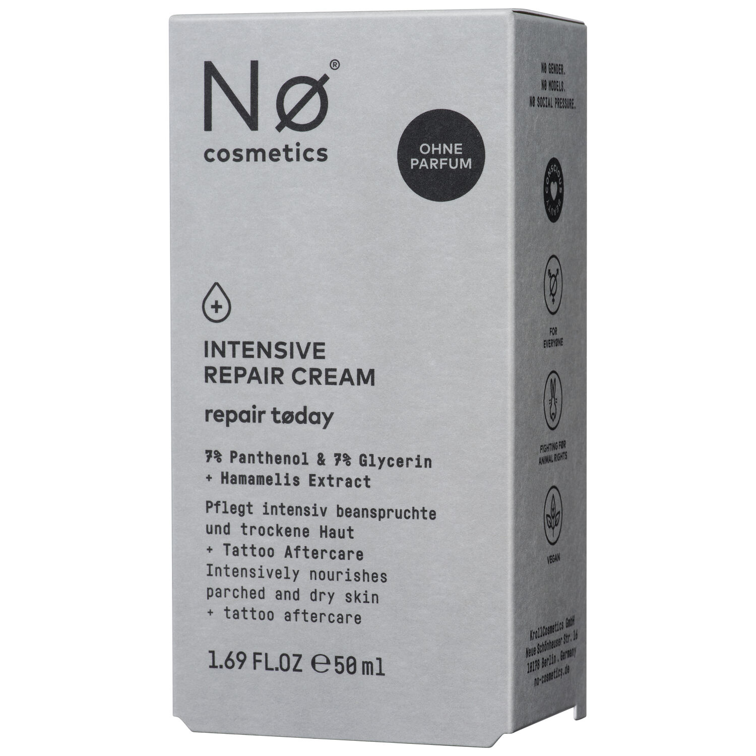 Nø Cosmetics Crème Réparatrice Intensive 50ml Boîte Boîte grise de la Crème Réparatrice Intensive Nø Cosmetics 50ml avec détails du texte