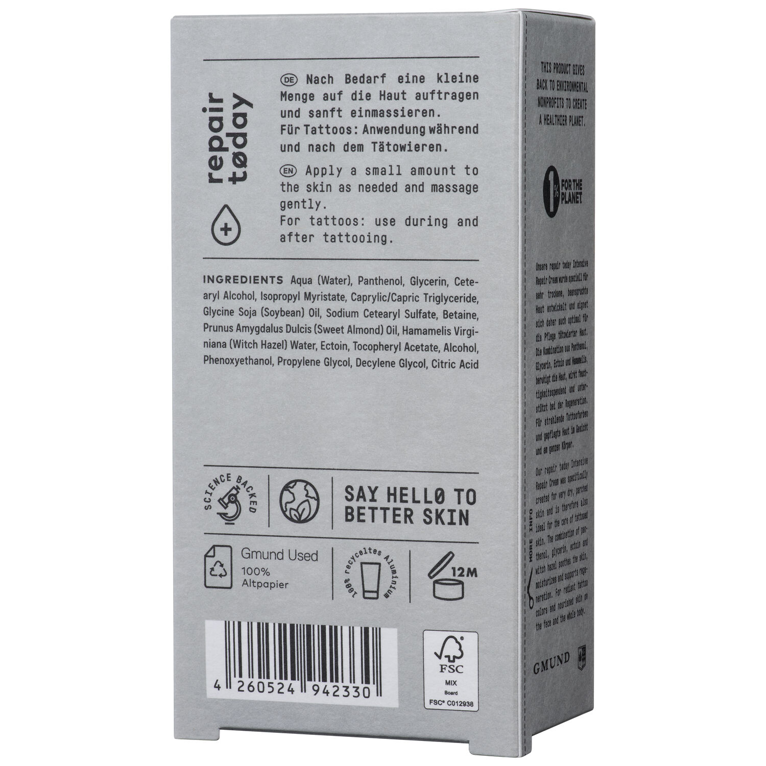 Emballage de la Crème Réparatrice Intensive No Cosmetics Emballage gris de la Crème Réparatrice Intensive No Cosmetics avec texte et symboles