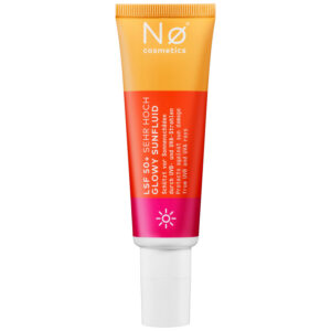 Tube rose et orange de No Cosmetics Glowy Sunfluid sur fond blanc