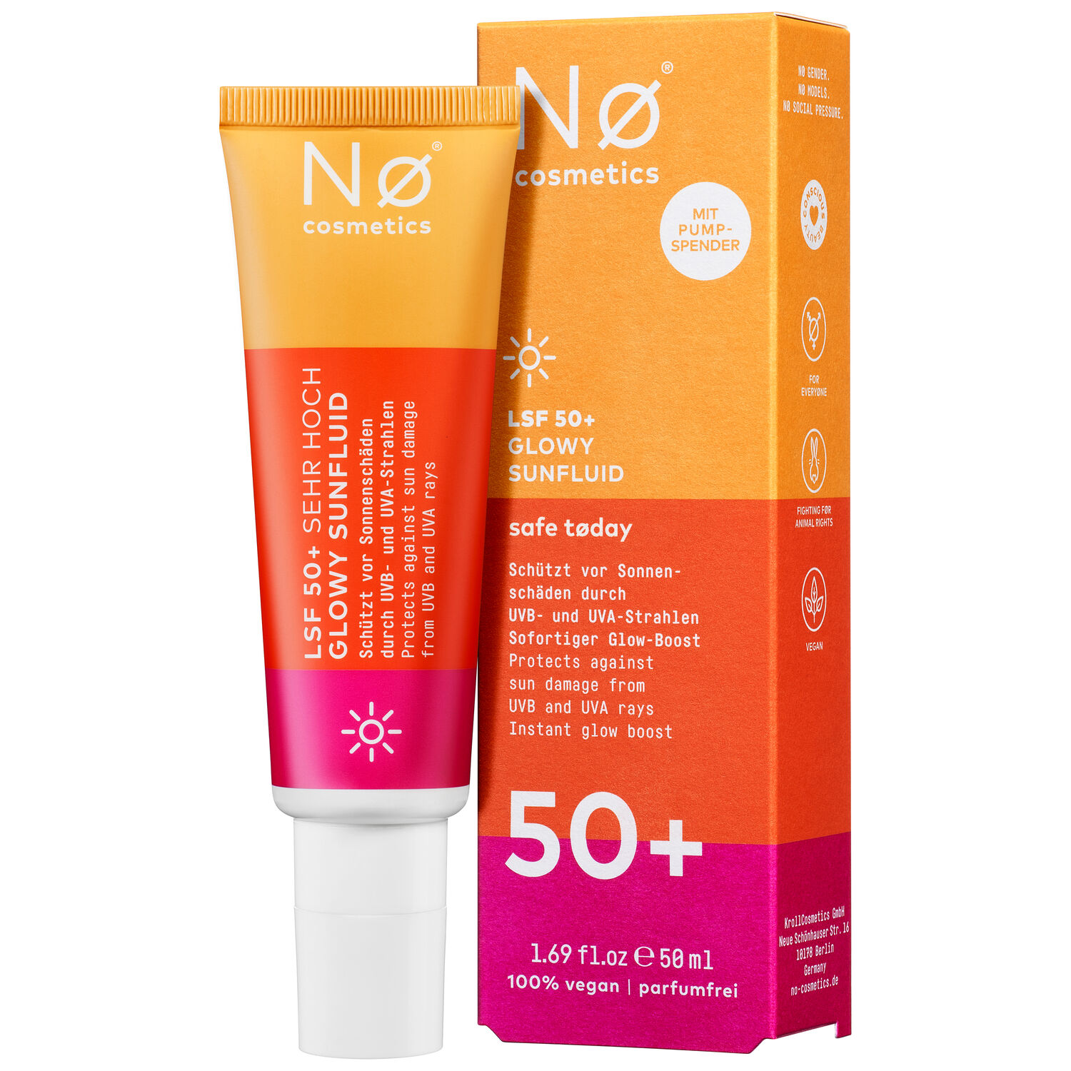 Nø Cosmetics Glowy Sunfluid SPF50 50ml Nø Cosmetics Glowy Sunfluid SPF50 dans un tube orange-rose avec emballage