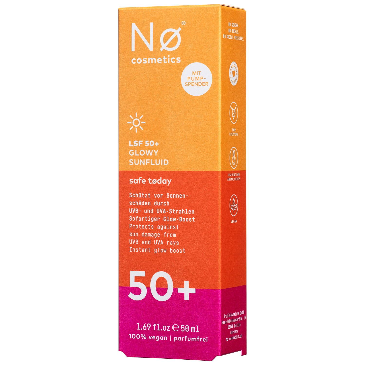 No Cosmetics Glowy Sunfluid SPF50 50ml Emballage orange et rose de No Cosmetics Glowy Sunfluid SPF50 sur fond blanc