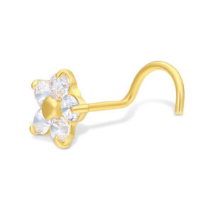 Clou de nez doré avec cristaux clairs en forme de fleur sur fond blanc