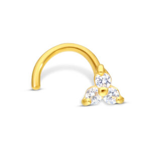 18K Gold Nose Stud with three clear crystals on white background