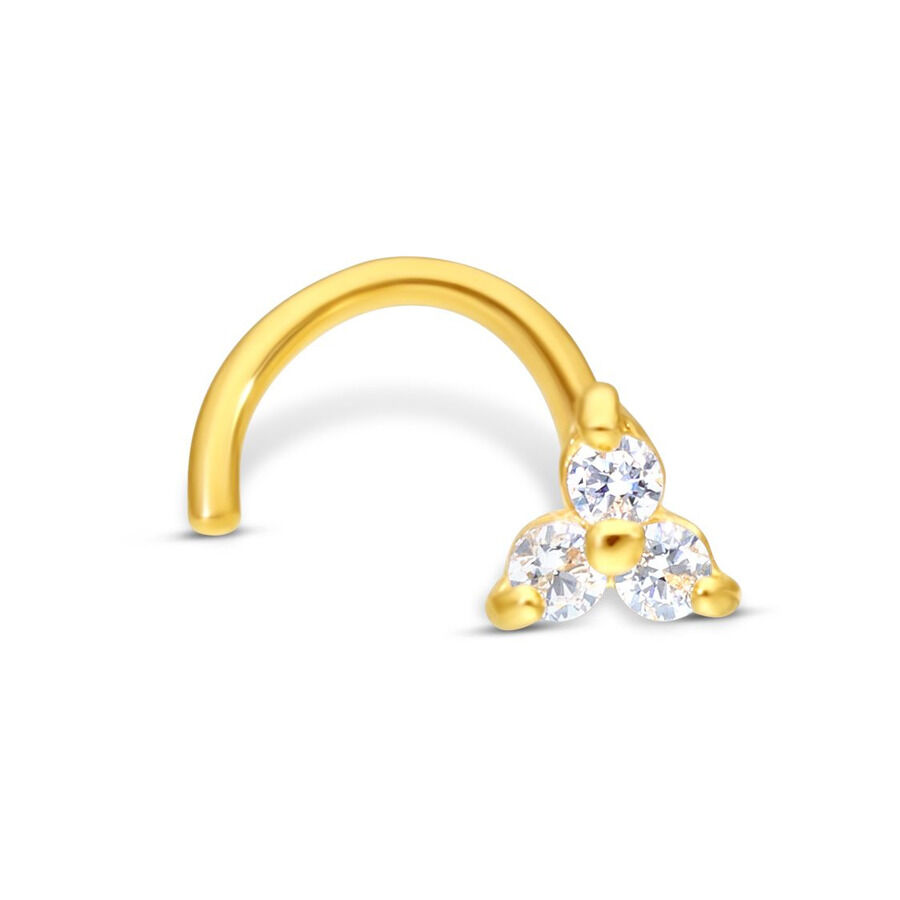 18K Gold Nose Stud with three clear crystals on white background