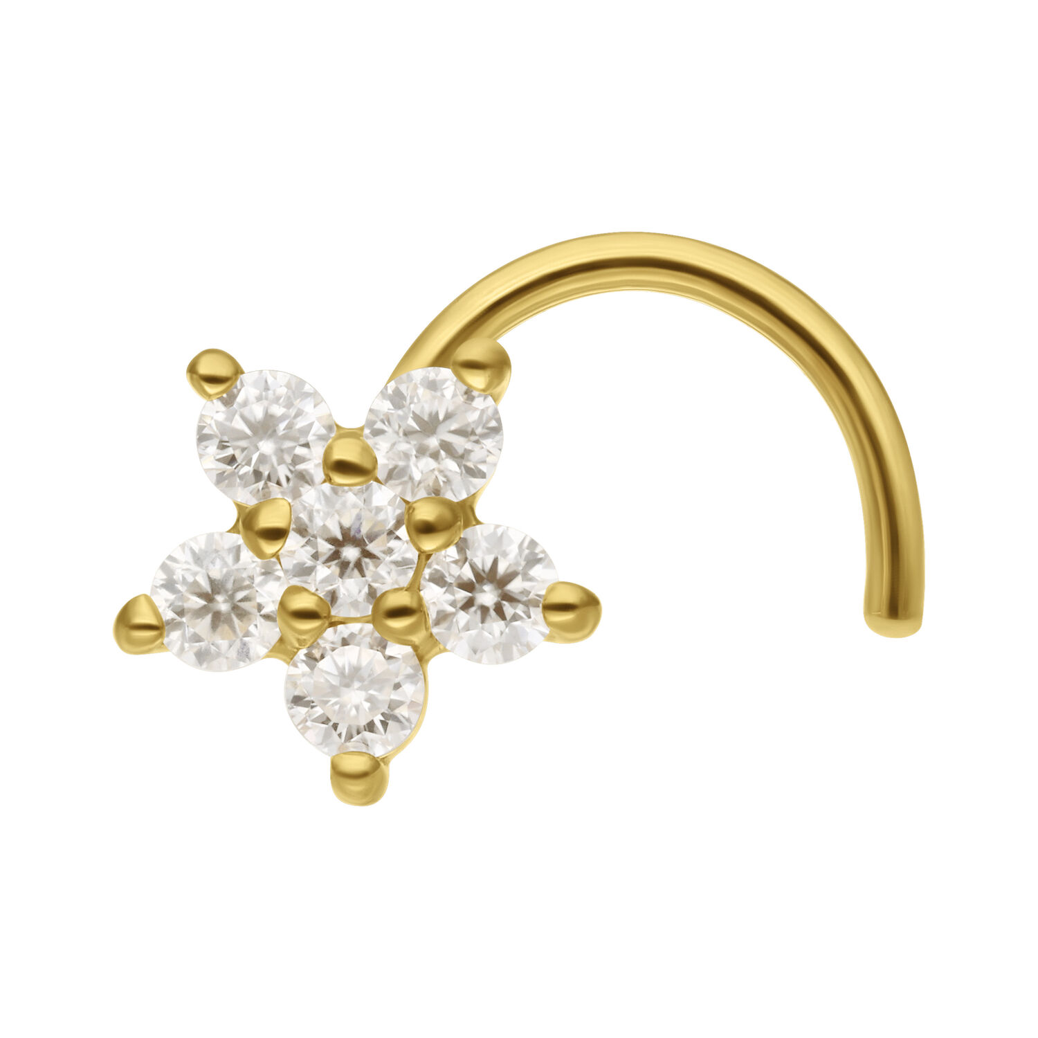 Clou de Nez Fleur en Or 14K Moissanite Clou de nez en or avec design en moissanite en forme de fleur sur fond blanc
