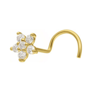 Clou de nez doré avec design de cristal en forme de fleur sur fond blanc