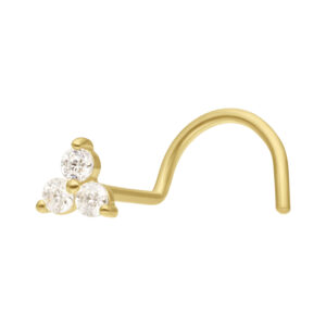 Clou de nez doré avec trois pierres de moissanite claires sur fond blanc