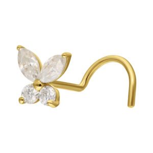Clou de nez en or 14K en forme de papillon avec des cristaux clairs de moissanite sur fond blanc