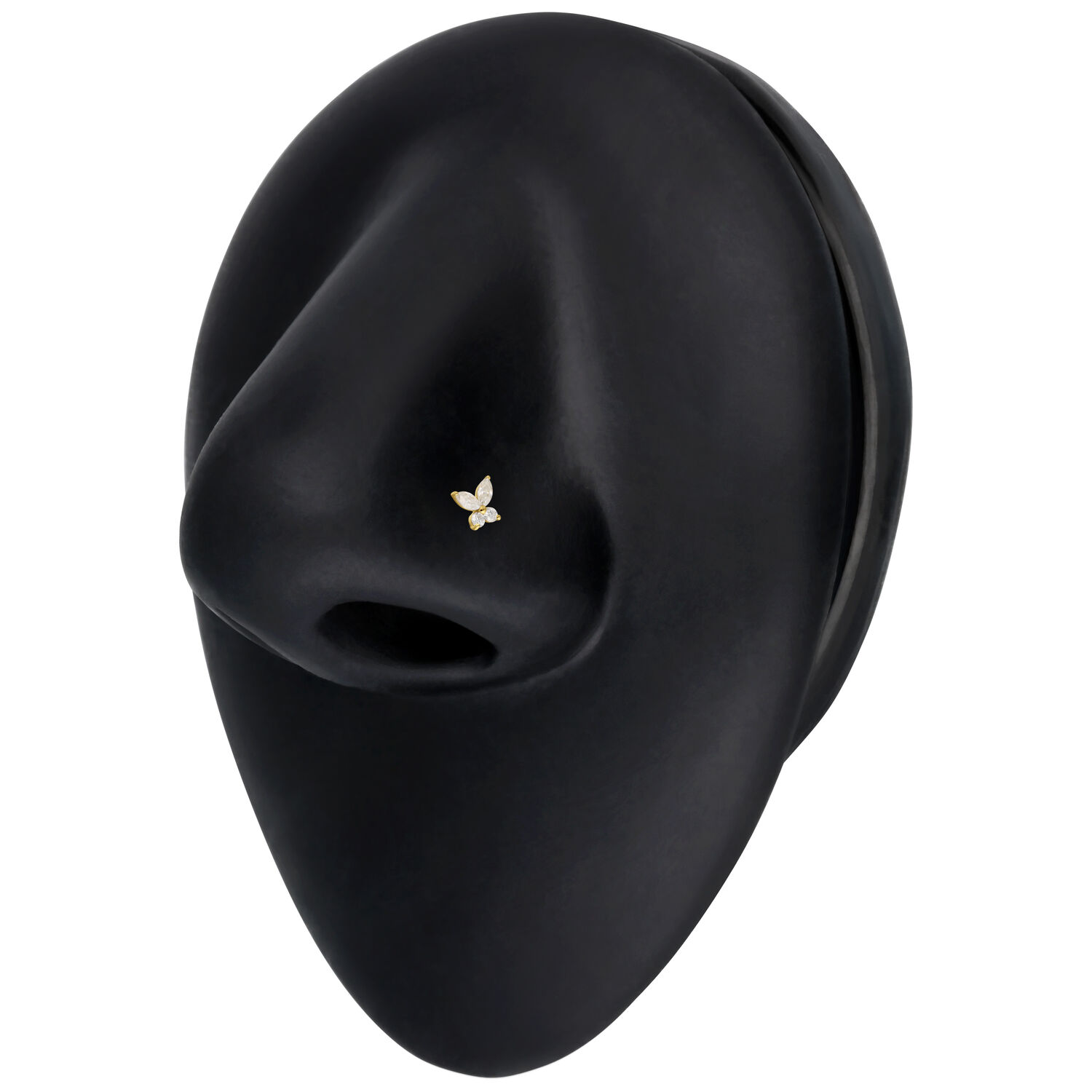 Clou de nez papillon en or 14K avec moissanite Clou de nez en or 14K avec design papillon sur fond noir