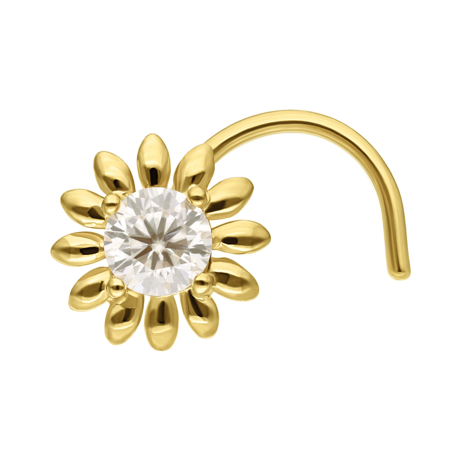 Clou de nez tournesol en or 14K avec moissanite Clou de nez en or en forme de tournesol avec moissanite claire sur fond blanc