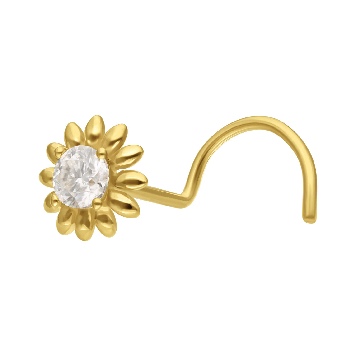 Clou de nez tournesol en or 14K avec moissanite Clou de nez en or avec design de tournesol et moissanite claire sur fond blanc