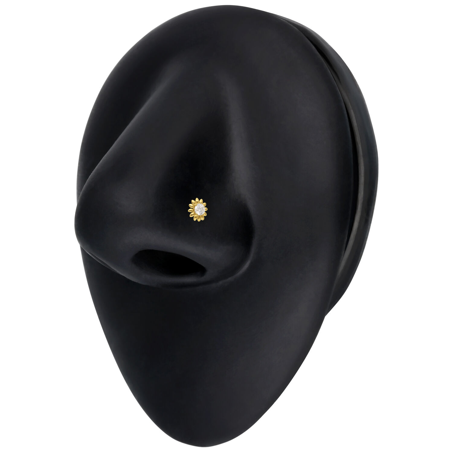 Clou de Nez Tournesol en Moissanite Or 14K Clou de nez en or avec moissanite en forme de tournesol sur présentoir noir