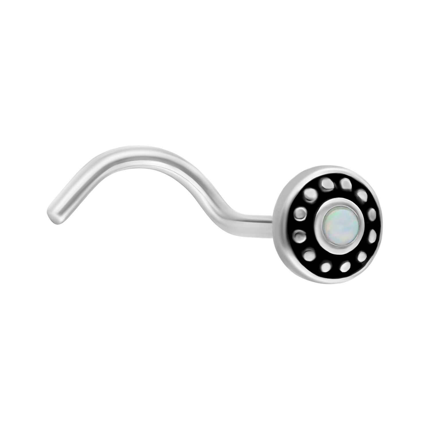 Clou de nez avec opale blanche et acier chirurgical Clou de nez Magi en acier chirurgical avec opale blanche sur fond blanc