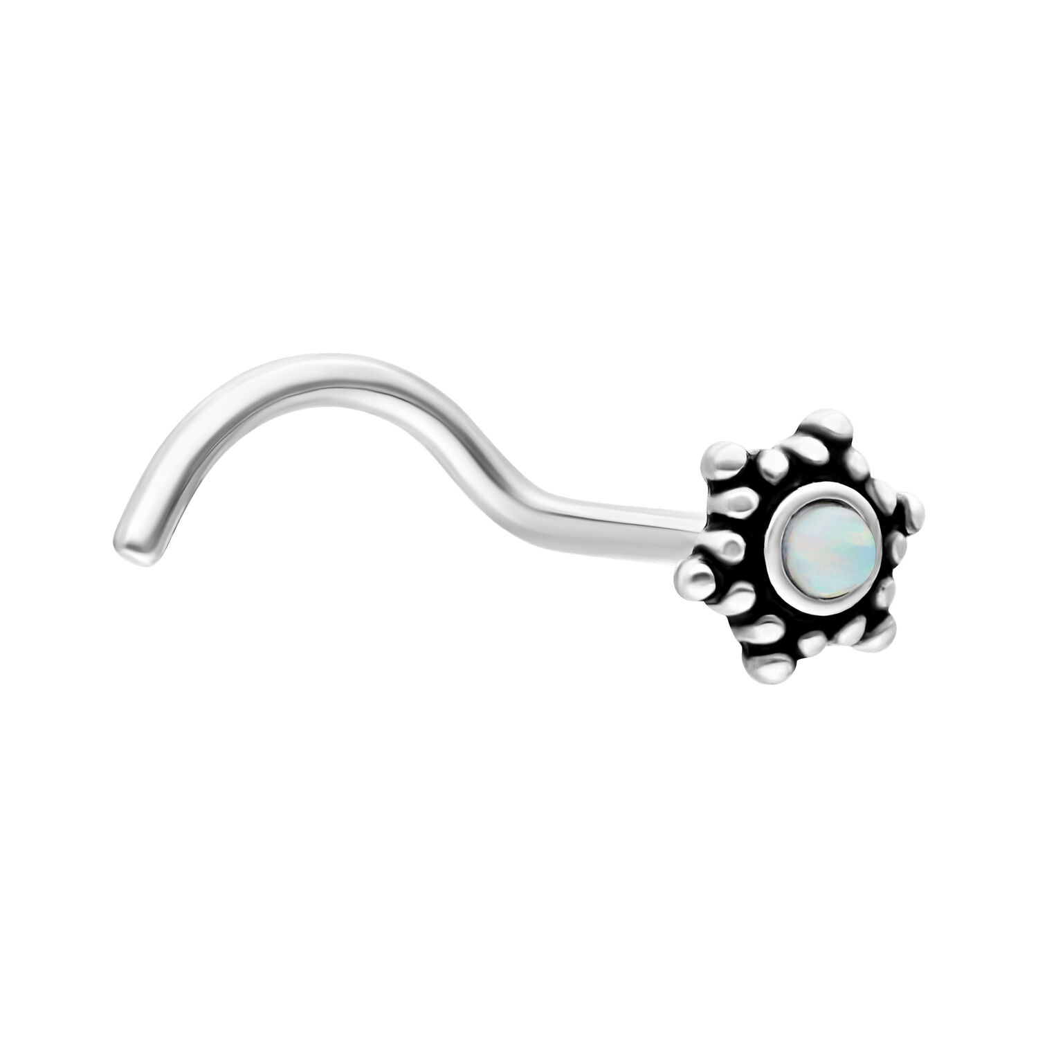 Clou de nez fleur avec opale blanche, argent Clou de nez argenté en forme de fleur avec opale blanche sur fond blanc