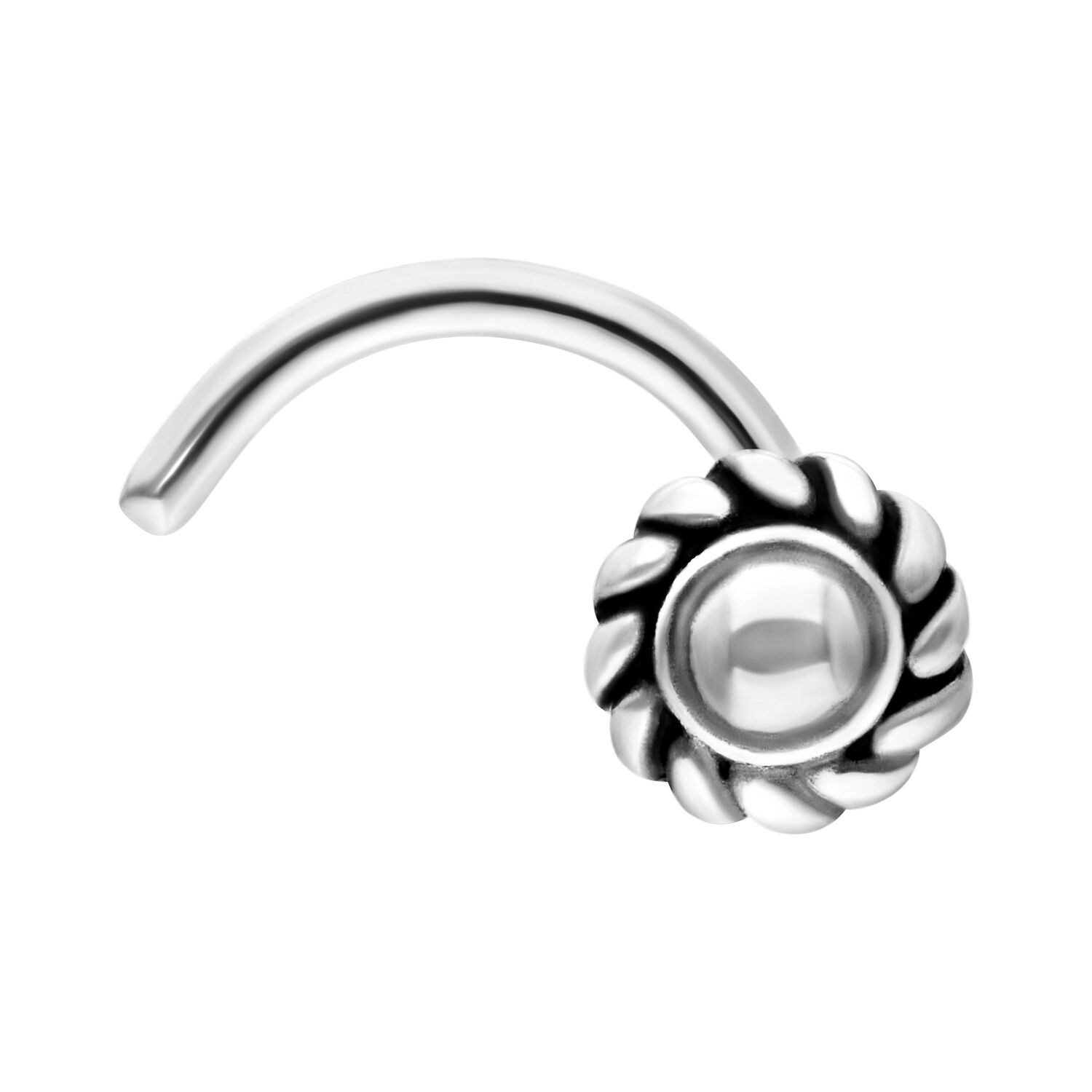 Clou de nez argenté avec design pinwheel sur fond blanc