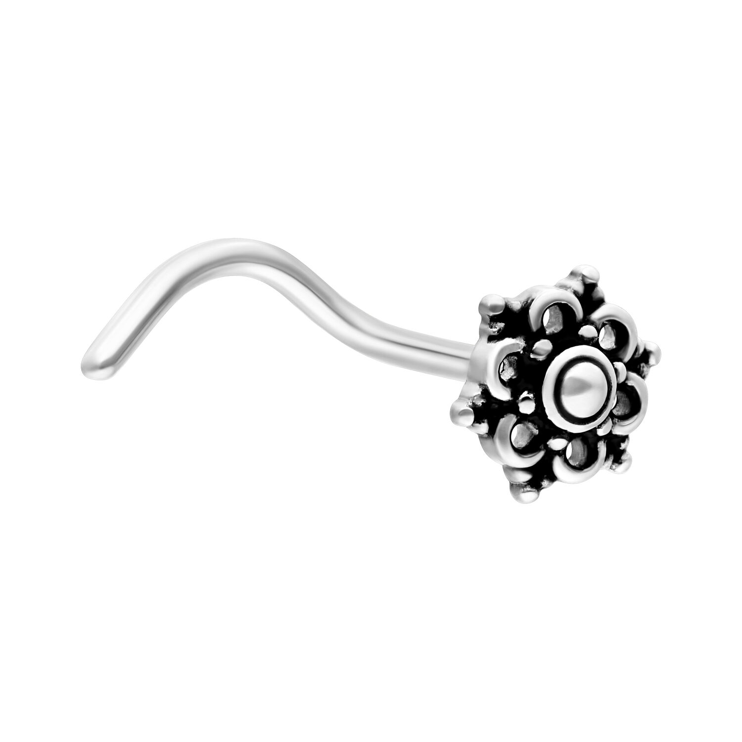 Clou de nez mandala argenté en acier chirurgical Clou de nez argenté avec design mandala, en acier chirurgical 316L, sur fond blanc