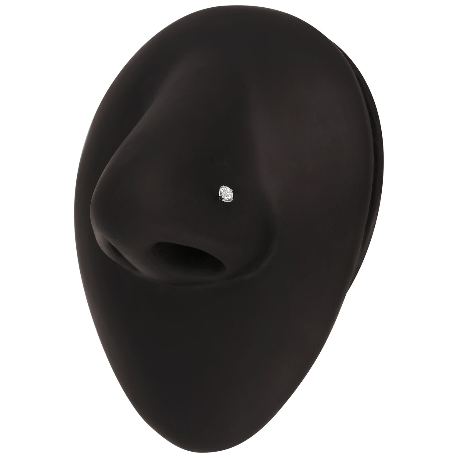 Présentoir à nez noir avec piercing nasal en cristal Présentoir à nez noir avec piercing nasal en cristal argenté sur fond blanc