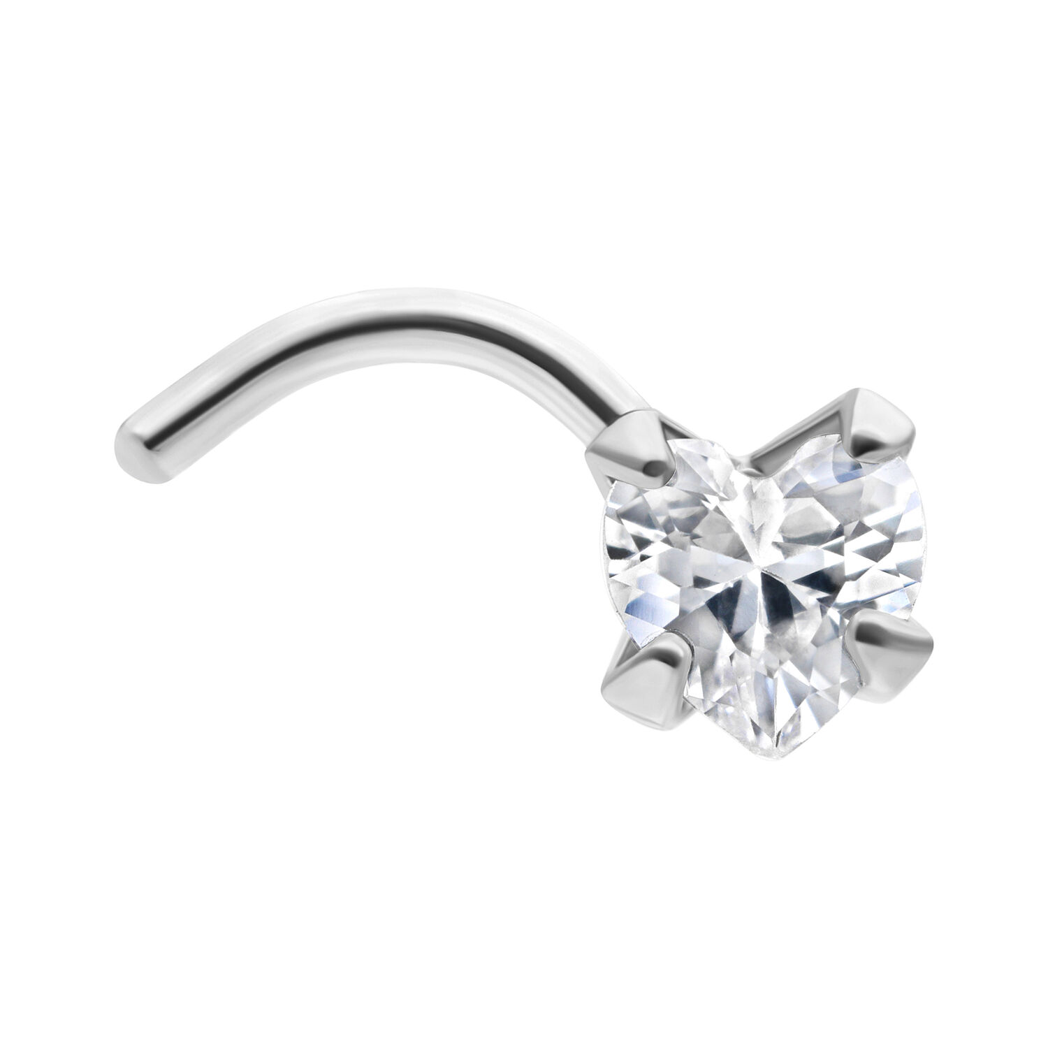 Clou de nez cœur en acier chirurgical avec cristal Clou de nez argenté en forme de cœur avec cristal clair sur fond blanc