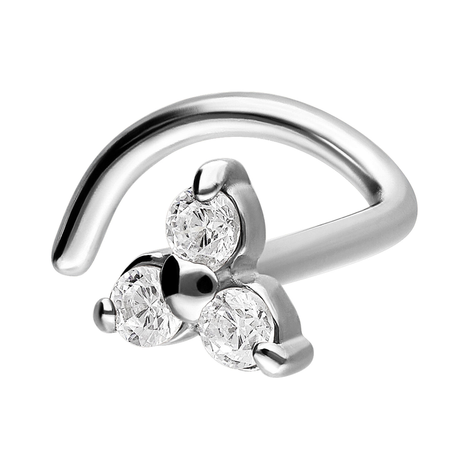 Clou de nez Trinity en argent avec cristaux Clou de nez en argent avec trois cristaux clairs sur fond blanc