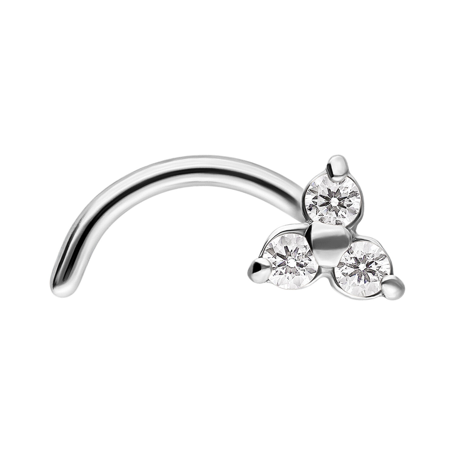 Clou de nez Trinity argenté avec cristaux Clou de nez argenté avec trois cristaux clairs sur fond blanc