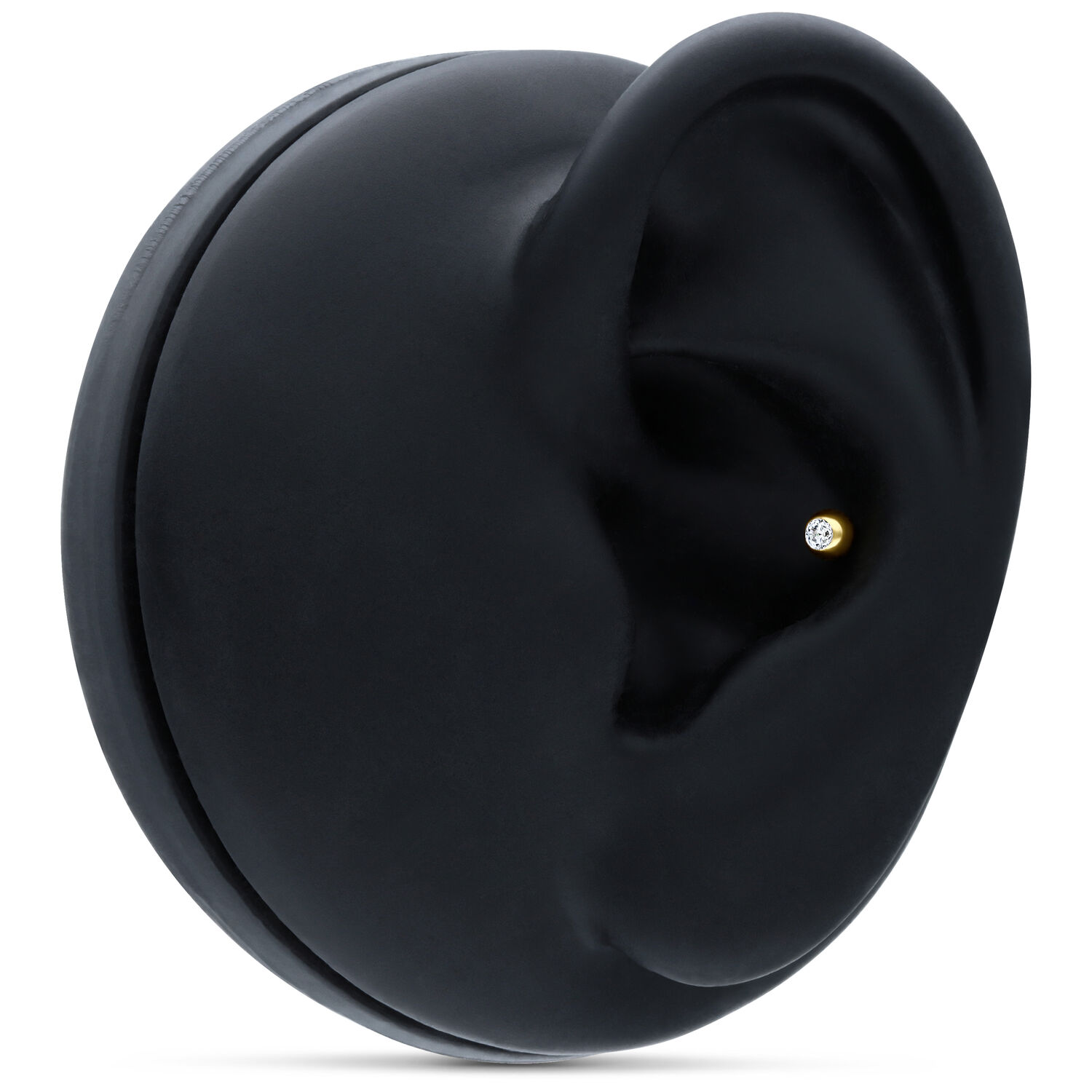 Embout en or 18k avec cristal sur présentoir noir Embout en or 18k avec pierre cristalline sur présentoir d'oreille noir
