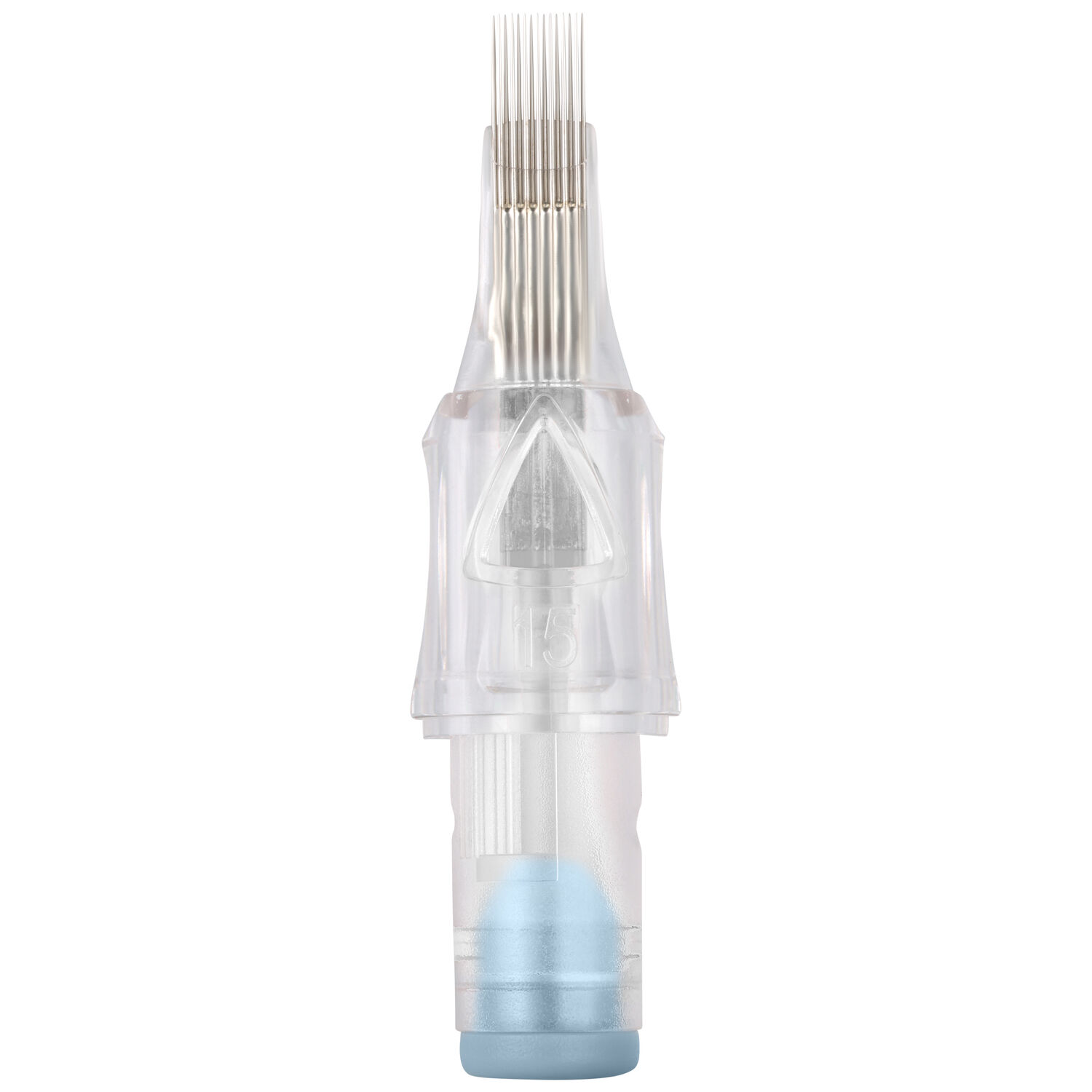 Cartouches Magnum Long Taper Premium 17/0.35 Cartouche d'aiguille de tatouage transparente avec 17 aiguilles et pointe bleue sur fond blanc
