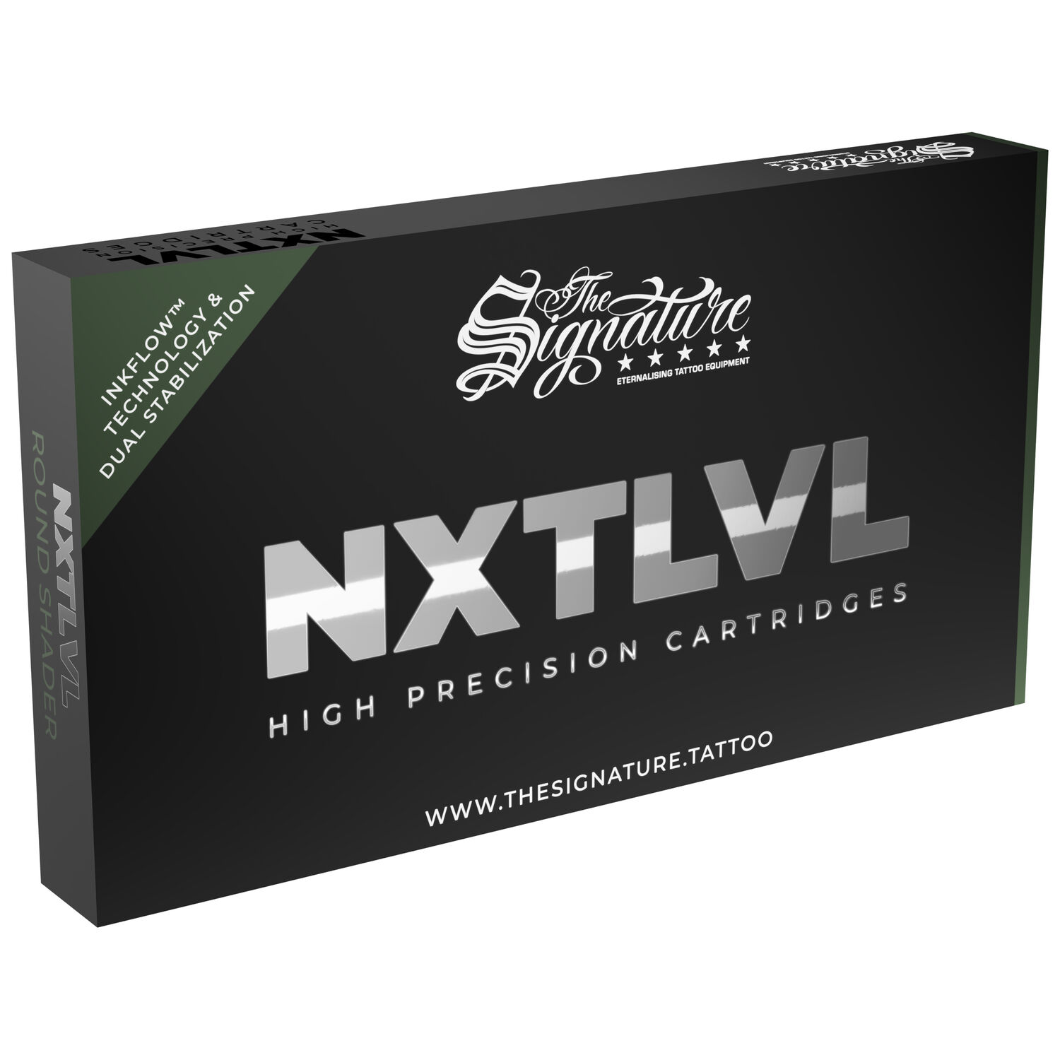 Wildcat Signature Aiguilles de Tatouage Boîte 10 pcs Boîte noire avec inscription argentée 'NXT LVL' et 'The Signature' sur fond blanc