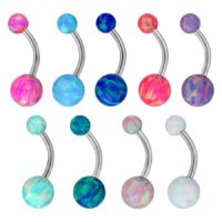 Double Opale Bananabell en couleurs vives Piercing nombril avec boules d'opale synthétiques colorées sur fond blanc