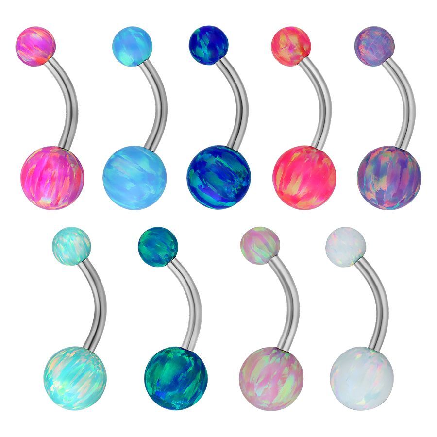 Double Opale Bananabell en couleurs vives Piercing nombril avec boules d'opale synthétiques colorées sur fond blanc
