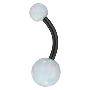 Piercing nombril noir en titane avec deux boules d'opale synthétique sur fond blanc