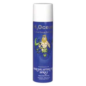 Spray bleu pour l'entretien des piercings avec logo H2Ocean sur fond blanc