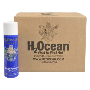 Spray de soin H2Ocean pour piercing 120 ml devant une boîte en carton marron