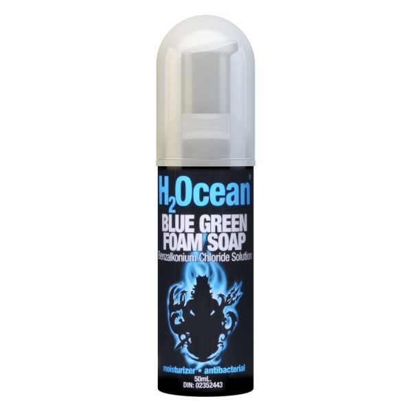 H2Ocean Blue Green Foam Soap 50ml Bouteille de H2Ocean Blue Green Foam Soap avec couvercle transparent sur fond blanc