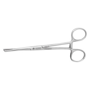Pince à piercing en acier inoxydable argentée avec poignées droites sur fond blanc