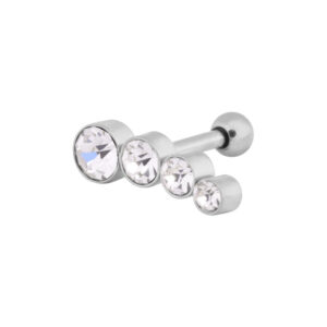 Barbell d'oreille en acier chirurgical avec quatre cristaux ronds clairs sur fond blanc