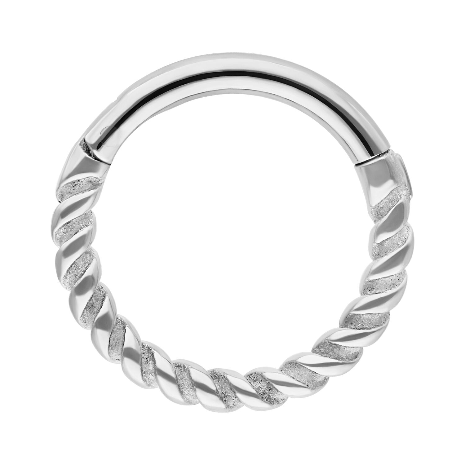 Clicker en corde torsadée en argent Clicker en corde torsadée en argent en acier chirurgical 316L sur fond blanc