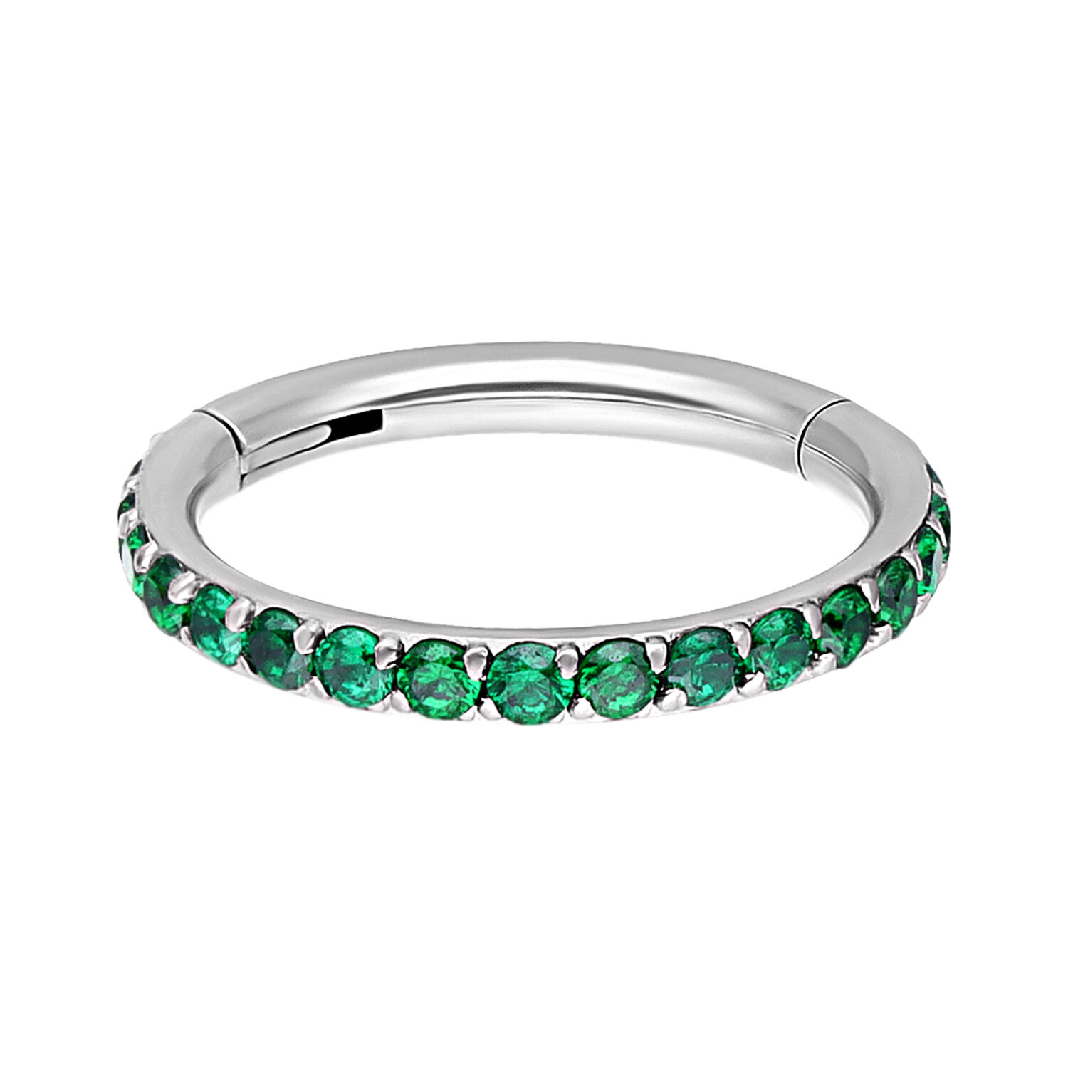 Anneau de piercing en cristal émeraude, argent Anneau de piercing en argent avec des cristaux émeraude sur fond blanc