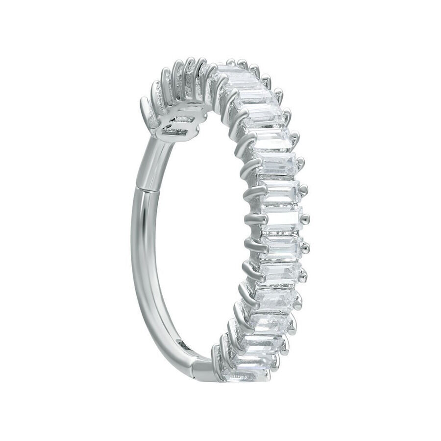 Anneau de piercing Euphoria Clicker argenté avec cristaux clairs sur fond blanc