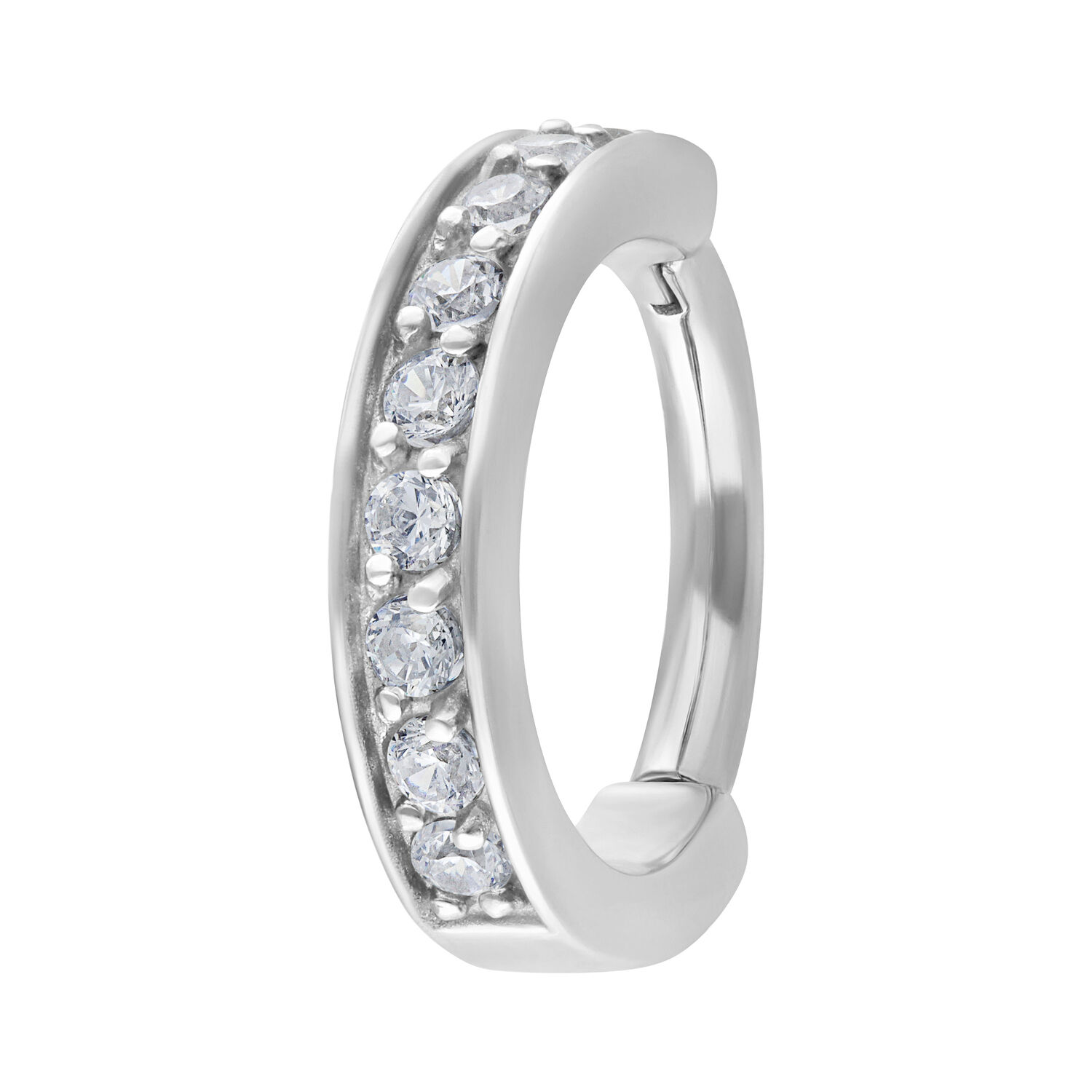 Anneau articulé argenté 8mm avec cristaux Anneau articulé argenté avec cristaux clairs sur fond blanc