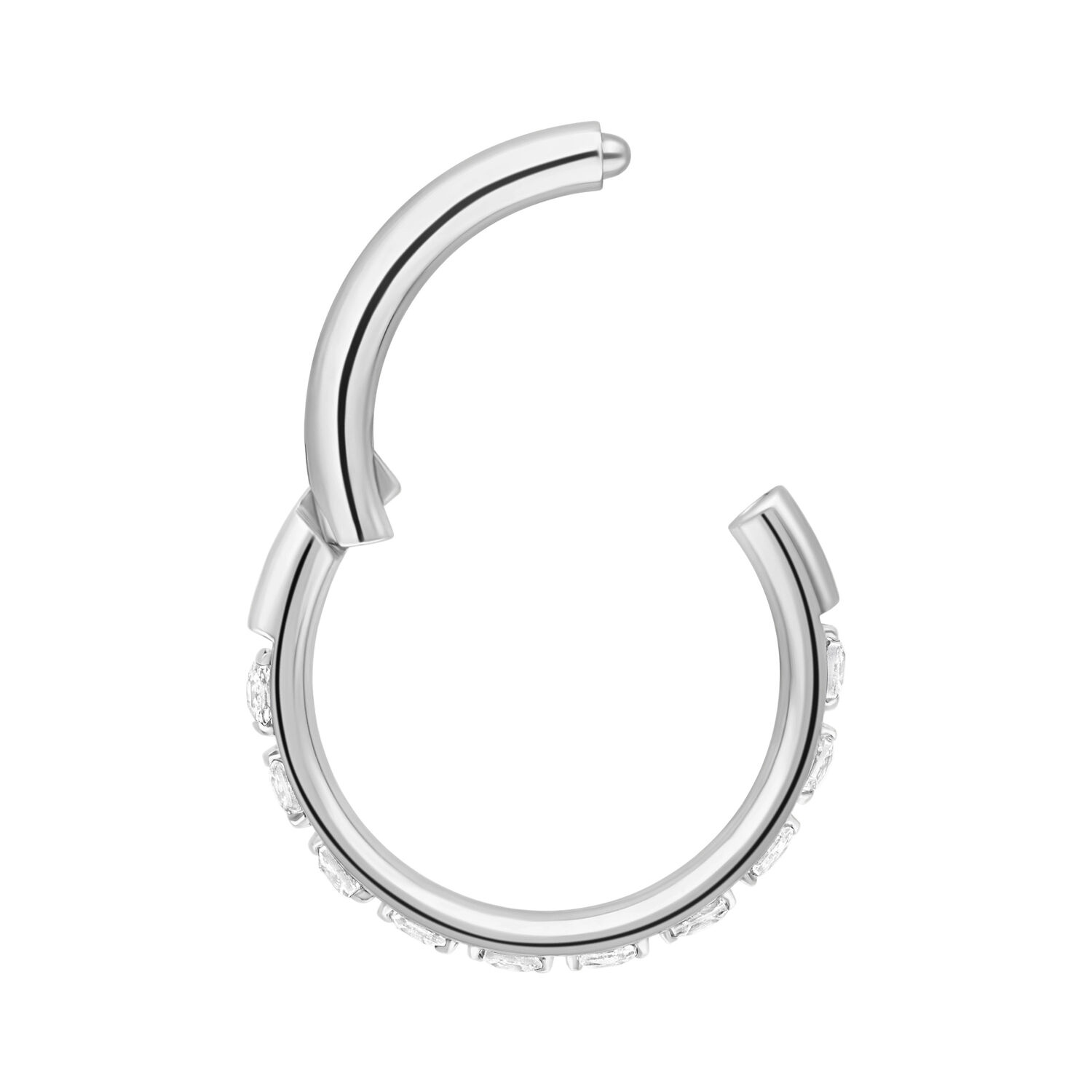 Clicker en cristal angulaire argenté 10 mm Anneau de piercing clicker argenté avec cristaux, 10 mm, sur fond blanc